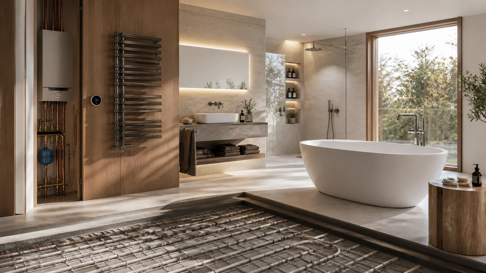 Offener Blick auf Fußbodenheizungs-Schleifen mit freistehender Badewanne